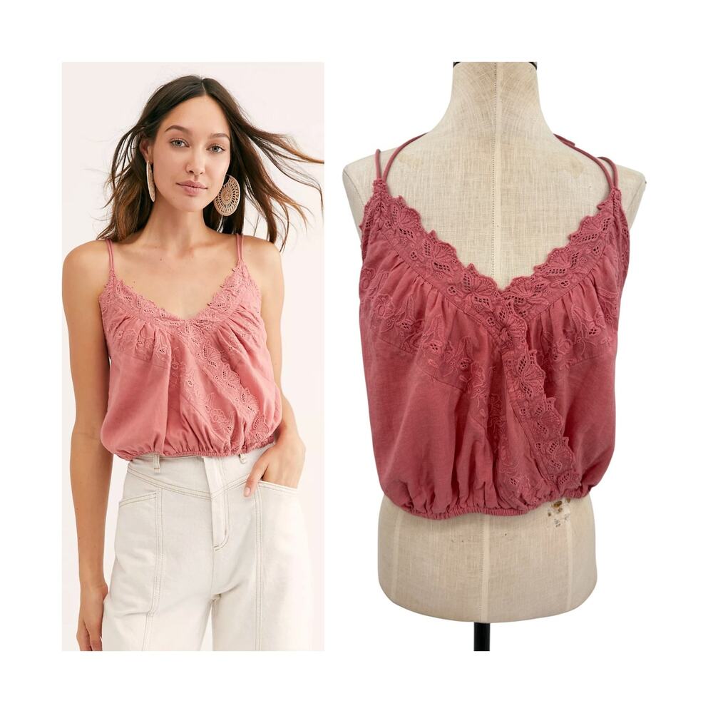 Free People Another Day In Paradise Tank Embroidered Halter Crop Pink Small